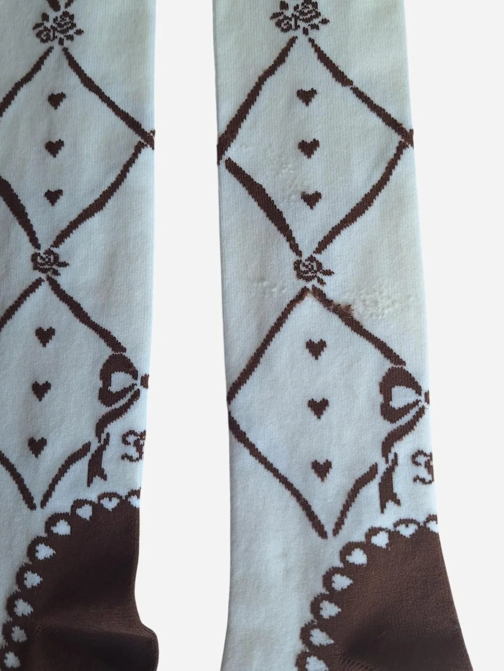 Innocent World Ivory Brown Ballet Ribbon Hearts OTK Socks | Classic Lolita